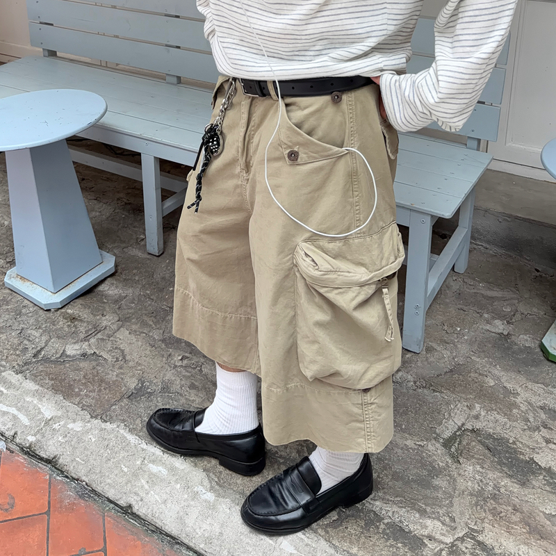 Fateegg American Retro Vintage Japanese Street Style Cropped Pants Unisex Loose Multi-Pocket Cargo Shorts Summer