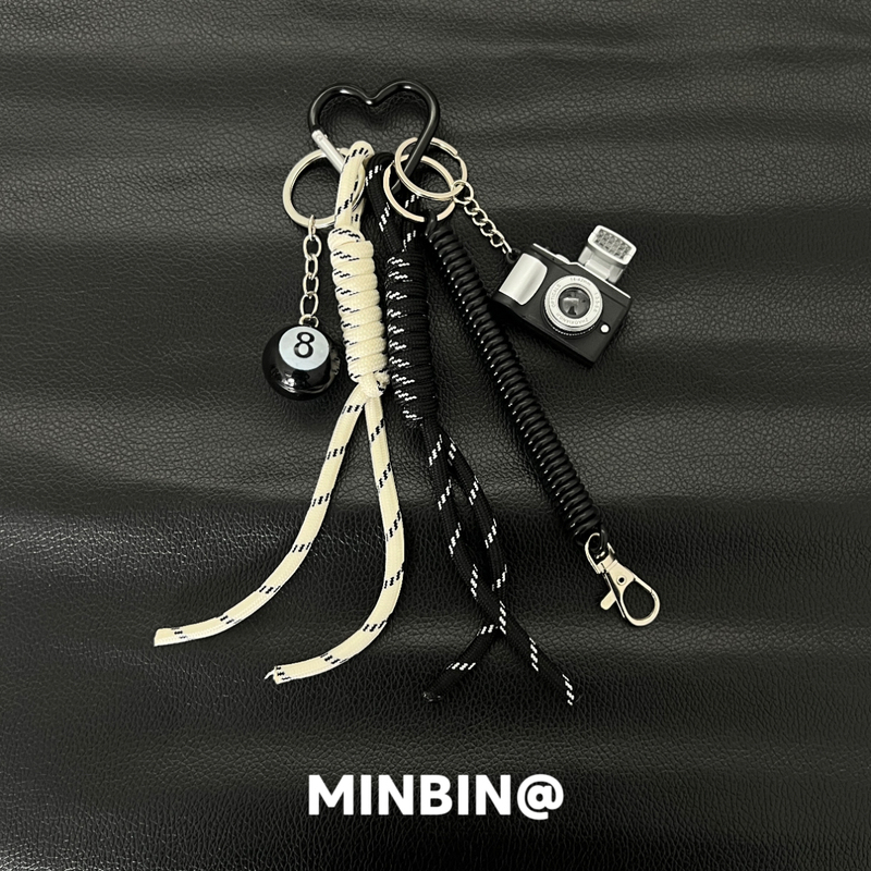 Bag Charm Retro Small Camera Black 8-Ball Keychain Decoration Jeans Waist Pendant Niche Accessories