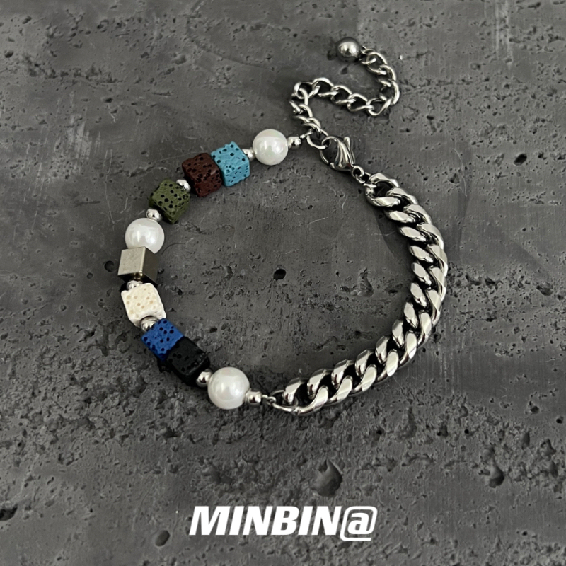 Minbin Original Colorful Volcanic Stone Bracelet for Men, Trendy Hip-Hop Style for Women, European and American Cuban Niche Jewelry