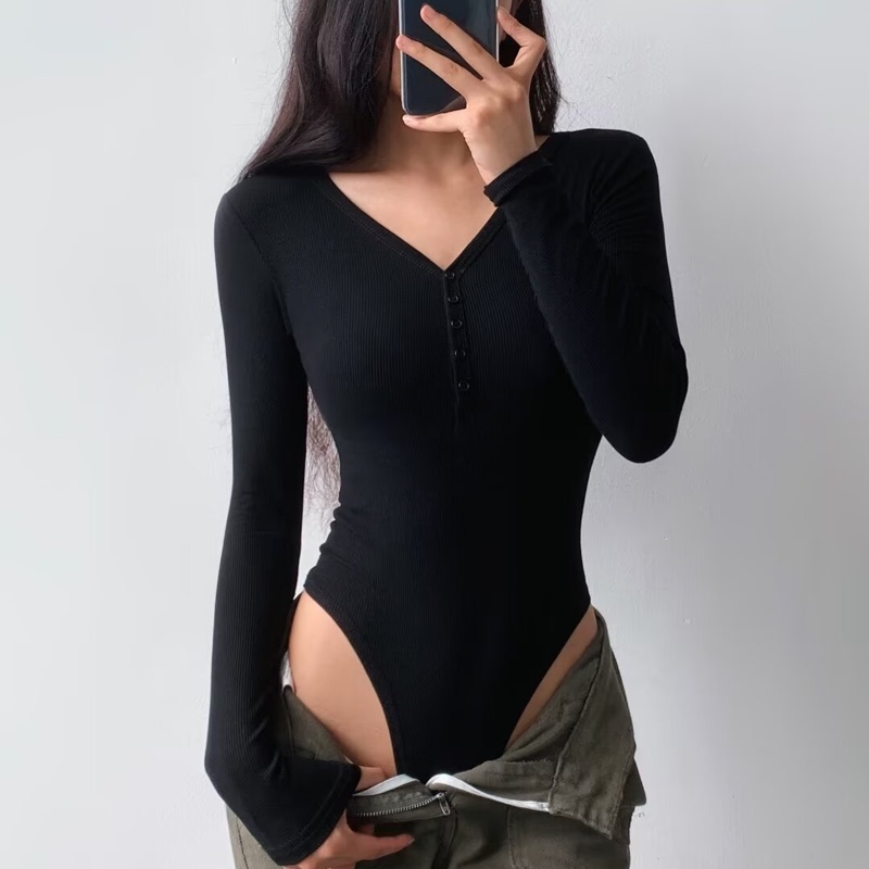 V-Neck Ribbed Long-Sleeve Bodysuit, Feminine Outerwear, Hot Girl Outfit, Tight-Fitting Crotchless Base Shirt, Inner Layer Top ins