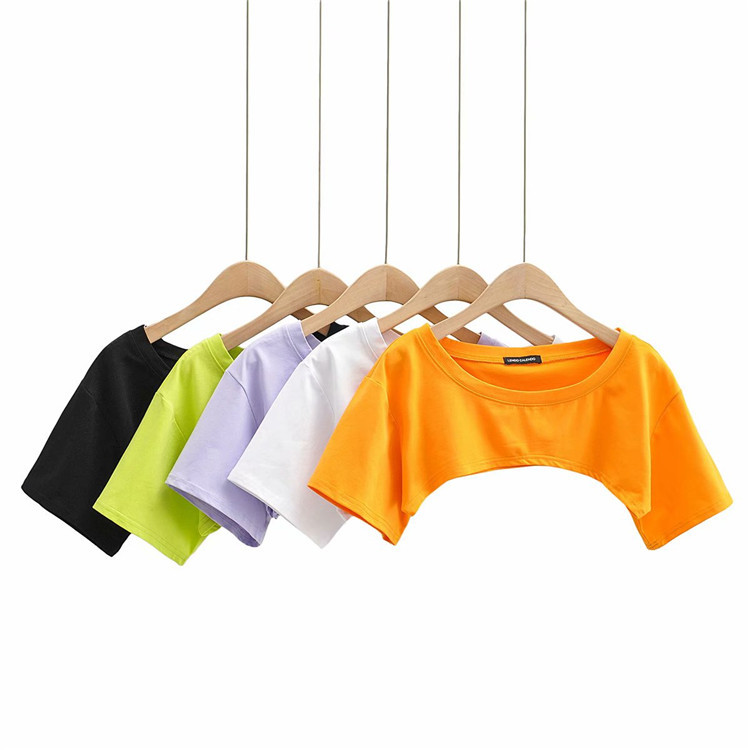 Hot Girl Solid Color Short Blouse Summer Loose Ultra-Short T-Shirt Women's Short-Sleeved Crop Top Sexy Outerwear Pure Cotton Top
