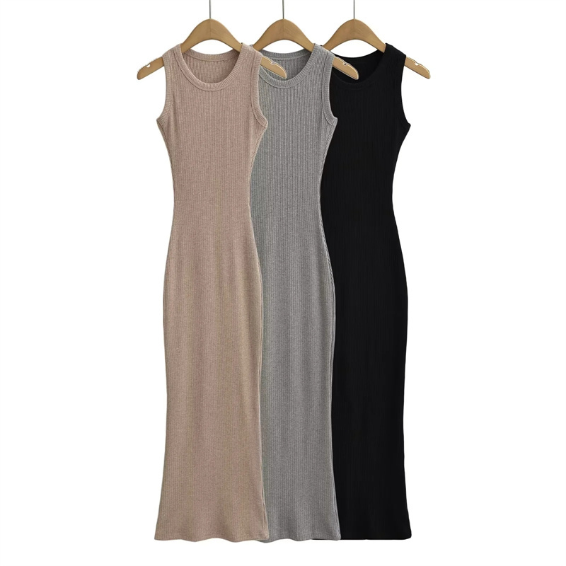European and American Style Ribbed Round Neck Sleeveless Dress for Women, New Sexy Tight-Fitting Bodycon Tank Dress, Long Skirt