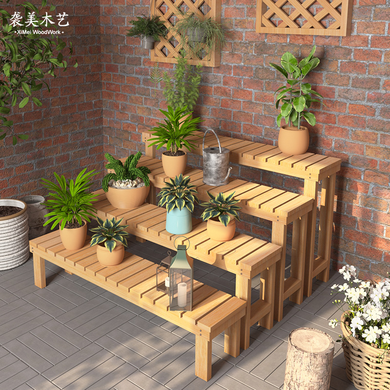 Anti-corrosion wood flower shelf stepped indoor living room succulent plant shelf multi-layer indoor small solid wood shelf