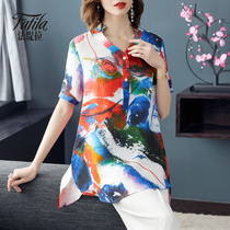 V-neck silk shirt women long loose size printed mulberry silk top summer belly thin 2020 New