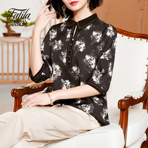 Fashion Middle Aged Mother Satin Heavy Pound Genuine Silk Shirt Woman Middle Sleeve Big Code Crushed Flowers Mulberry Silk Blouse Spring Summer New