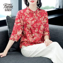 Red printed stand collar heavy silk shirt women loose size satin mulberry silk top temperament 2019 New