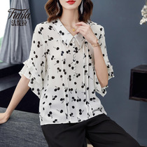 White printed heavy weight silk shirt female middle sleeve loose size mulberry silk top foreign style wild 2020 New