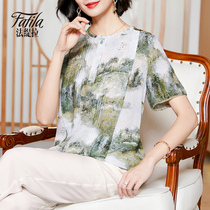 Round Collar Printed Heavy Pound Genuine Silk Shirt Woman Short Sleeve Satin Mulberry Silk Blouse Loose Big Code 2022 Spring Summer New