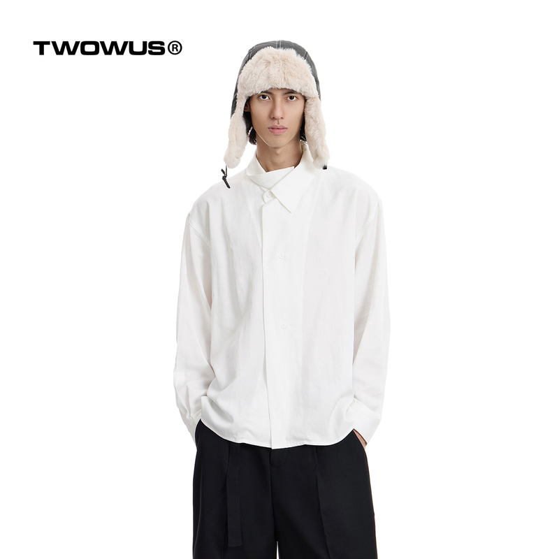 Twowus/25 Autumn New Arrival Niche Simple Irregular Neckline Shirt Loose Casual Long Sleeve Top for Men