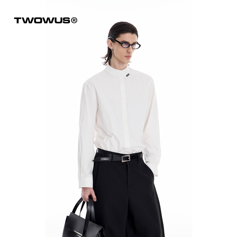 Twowus26Ss Original Niche Minimalist Stand-Up Collar Hidden Placket White Shirt Men's Brand Logo Woven Label Long-Sleeve Top