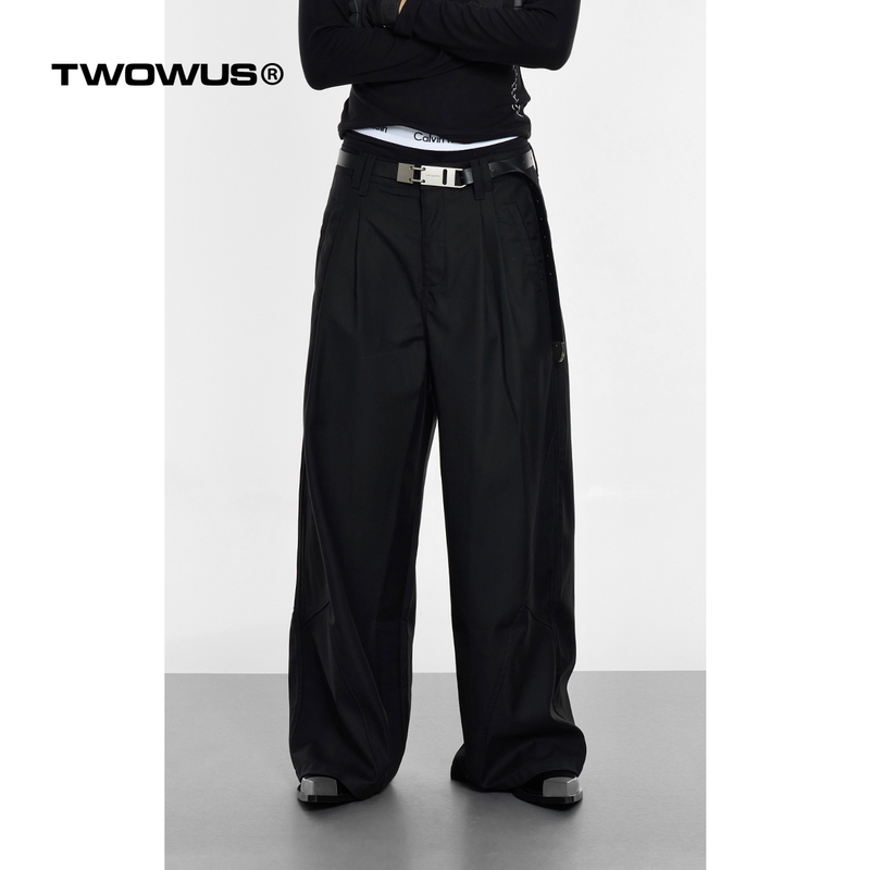 Twowus24Aw Niche Design Double-Pleated Split Wide-Leg Trousers Versatile Three-Dimensional Inclusive Fit Long Pants for Men and Women Twowus24Aw Niche Design Double-Pleated Split Wide-Leg Trousers Versatile Three-Dimensional Inclusive Fit Long Pants for Men and Women