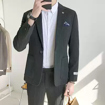 Korean version of striped suit suit men's business dress groom Ruffian handsome tide flow slim casual small suit male handsome