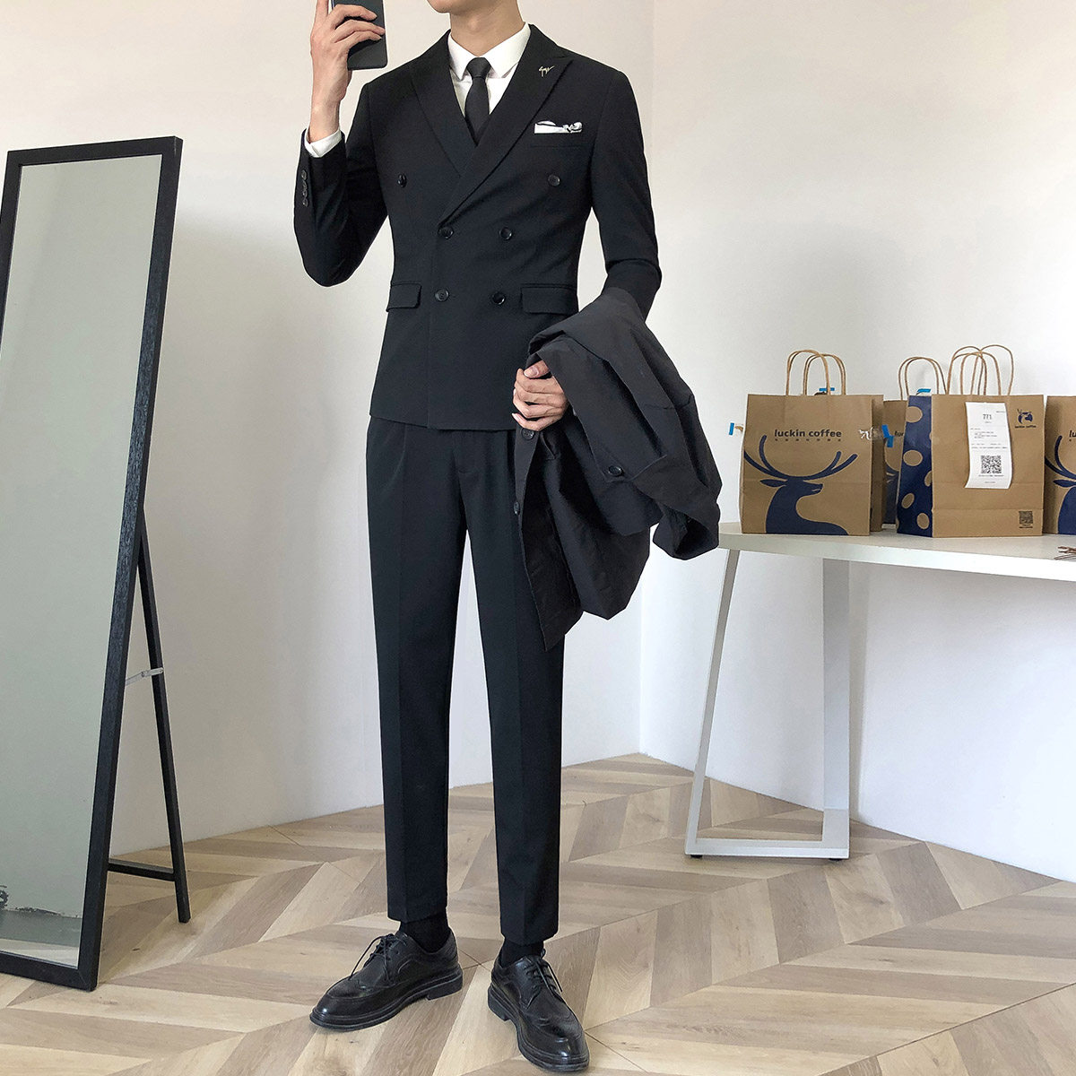 Double-breasted suit suit male British style casual slim wedding dress Handsome business formal suit three-piece suit