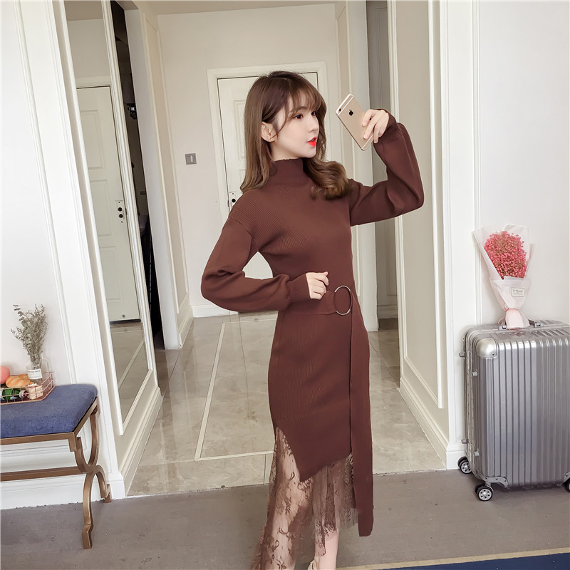 Cô gái Pháp mùa thu và mùa đông mới của phụ nữ đan váy ren giả hai mảnh cổ cao chạm đáy áo len dài váy yếm jean dài