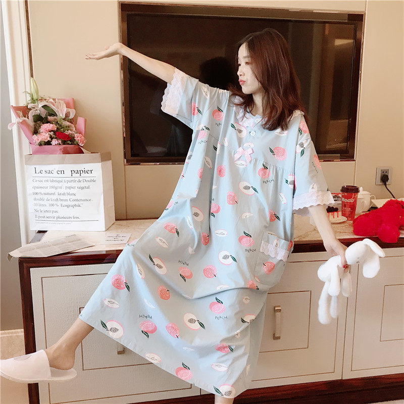 Sweet princess style long nightdress women Korean version pure cotton side pajamas female summer large size fat mm 200 pounds of housewear