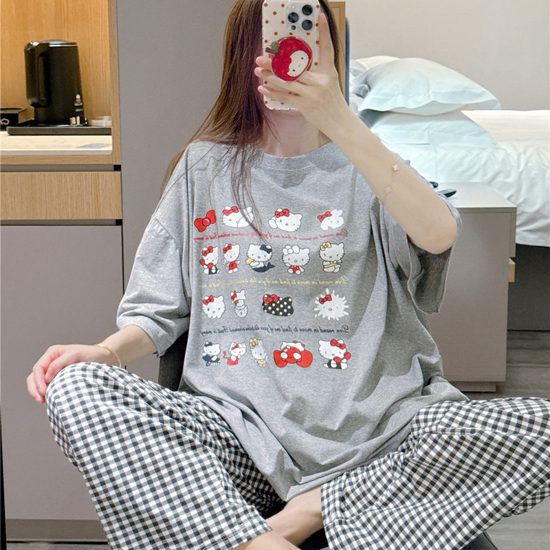 Short-Sleeved Pajamas for Women, Summer Pure Cotton, Cute Cat Print Loungewear, Plus Size, Fat Mm, 100kg Plaid Pants Set