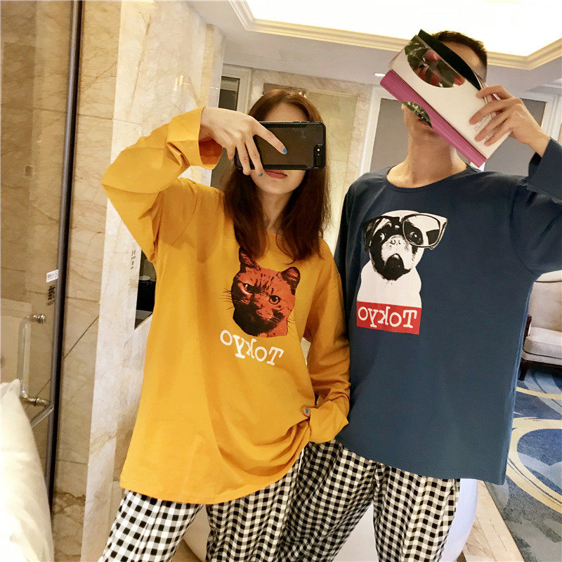 Spring and autumn men and women couple pajamas pure cotton sweet cute cat home clothes loose fat mm200 catties home clothes