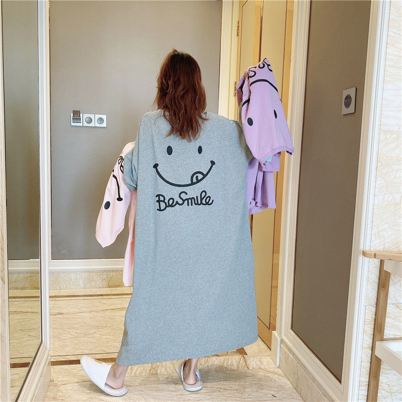 Spring and autumn long over-the-knee nightdress women's terry cotton sweet smiling face pajamas large size fat mm200 catties home service