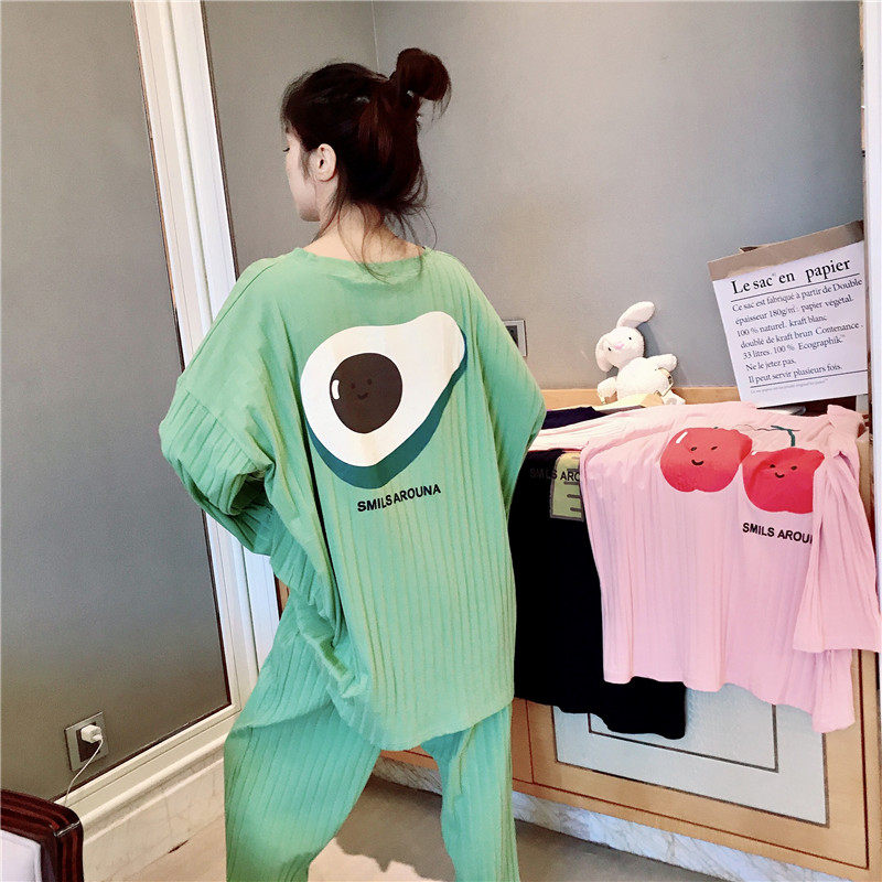Han edition long sleeved pajamas woman spring and autumn thin pit pure cotton sweet home clothes large fat mm 200 pounds set