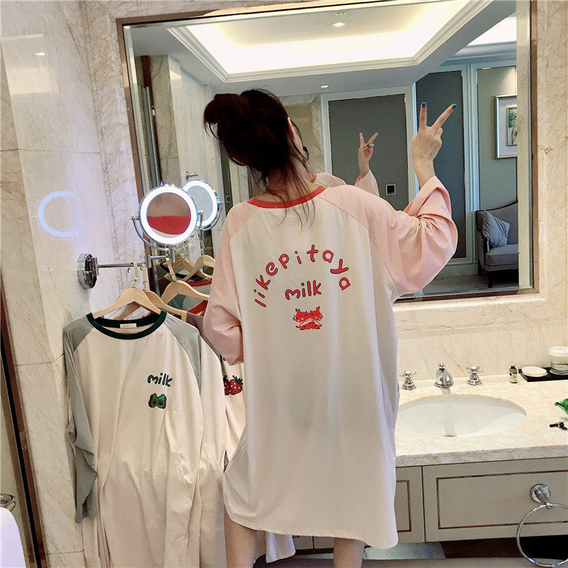 Han edition long sleeping skirt spring and autumn pure cotton fruit printing in lazy wind pajamas woman fat mm 200 pounds of home suit