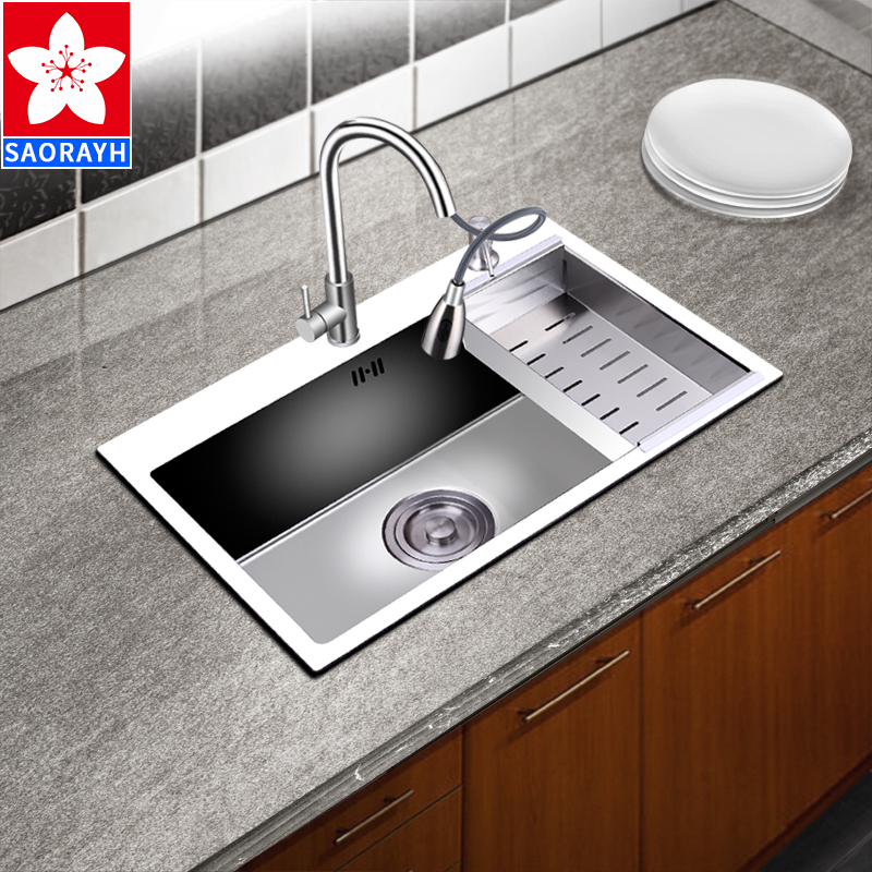 Cherry blossom sink nano 304 stainless steel large single sink household thickening table washing basin sink sink sink single sink