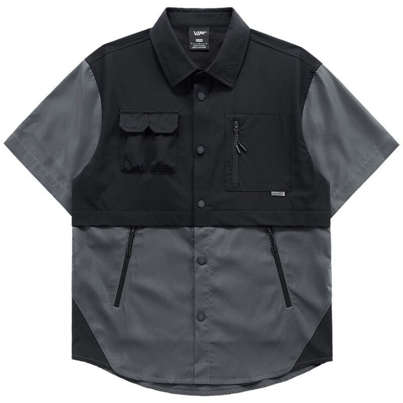 Fake Two-Piece Short-Sleeve Shirt for Men, Color-Blocked, Functional Multi-Pocket Work Shirt, Loose Fit, Street Style