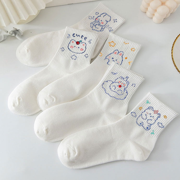 10 Pairs of White Socks for Women in Spring and Autumn, Mid-Calf Socks, Breathable Student Sports Socks, Cartoon Japanese Style Sweet Girls' Long Socks