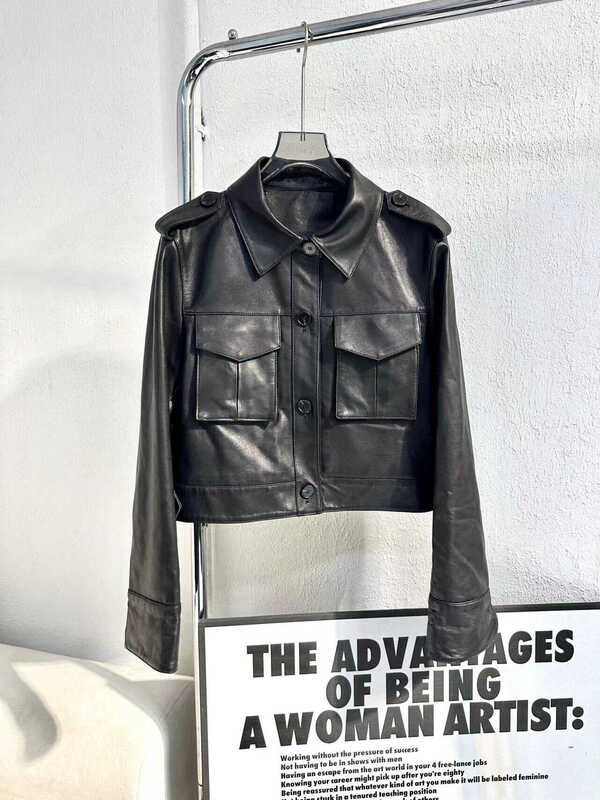 Imported Vegetable-Tanned Sheepskin Motorcycle Jacket, Slim Fit, Short Style, Women's 2025 New Genuine Leather Jacket