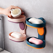 Creative rotating double soap box wall hanging drain soap box rack toilet non-perforated laundry soap storage box
