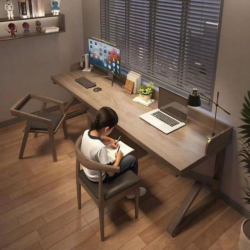 All Solid Wood Double Desk Bedroom Computer Desk Home Long Workbench Writing Study Desk Anti-Fall Baffle