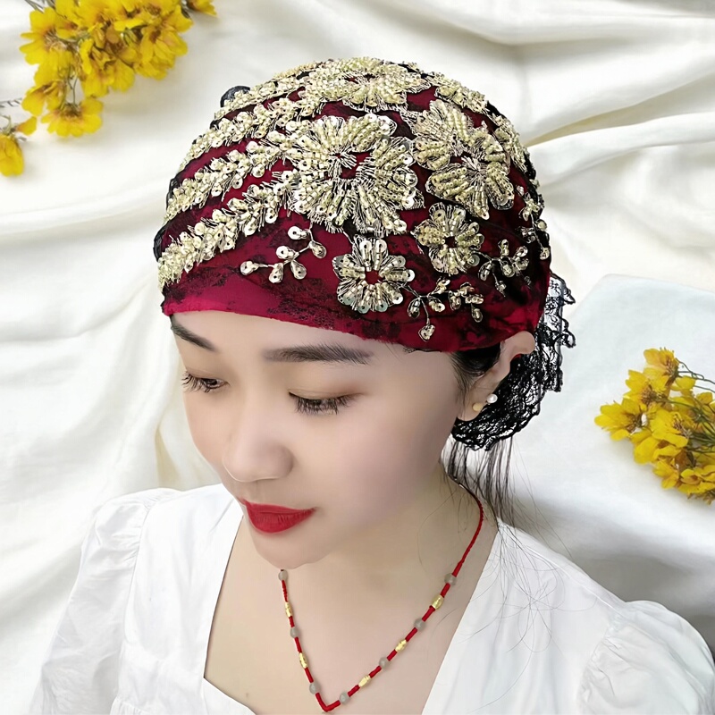 Trendy New Breathable Phoenix Tail Patchwork Stylish Cap with Sequins and Lace for Fashionable White-Haired Mothers