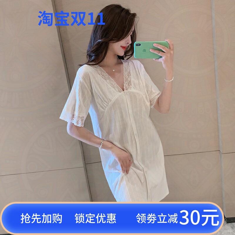 Cotton pajamas women's 2022 new summer short-sleeved girls sexy cardigan nightdress ladies summer thin home clothes