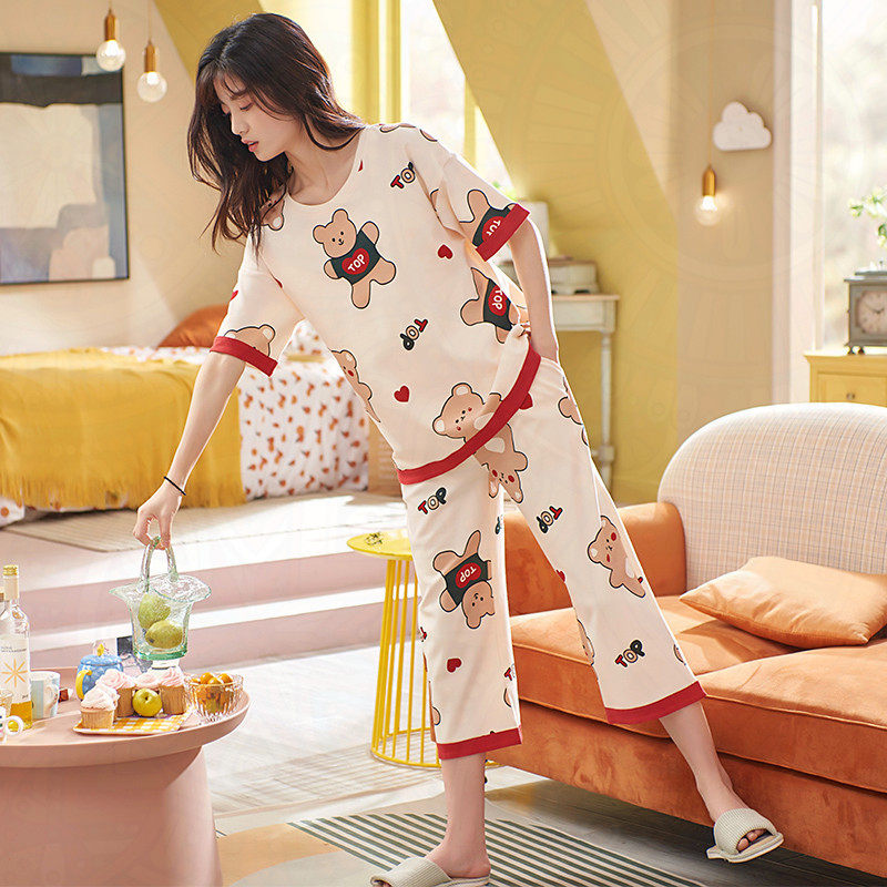 Cotton pajamas women's 2022 new summer thin short-sleeved cropped trousers girls cute home clothes two-piece suit