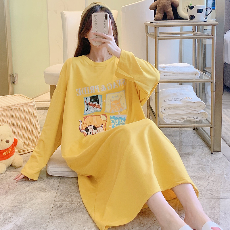 Long sleeve sleeping dress female spring autumn style pure cotton big code fat MM200 catty pregnant woman Long-style pyjamas woman in autumn 300 catty of summer-Taobao