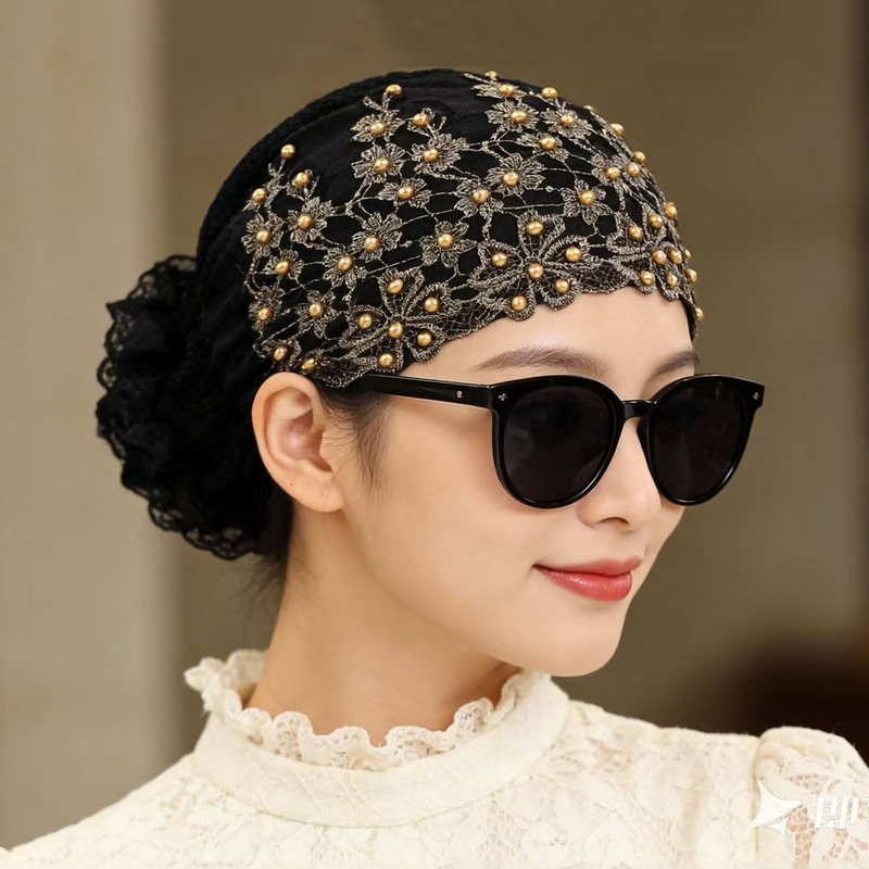 Autumn New Style Hat for Women, Popular Fashion Embroidered Lace Breathable Beaded Headscarf Hat for Mothers to Cover Gray Hair Autumn New Style Hat for Women, Popular Fashion Embroidered Lace Breathable Beaded Headscarf Hat for Mothers to Cover Gray Hair