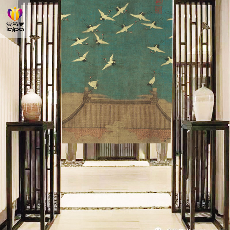 Ruihe Tu Chinese Zen curtain without punching study mask partition bedroom bathroom hanging cotton linen curtain