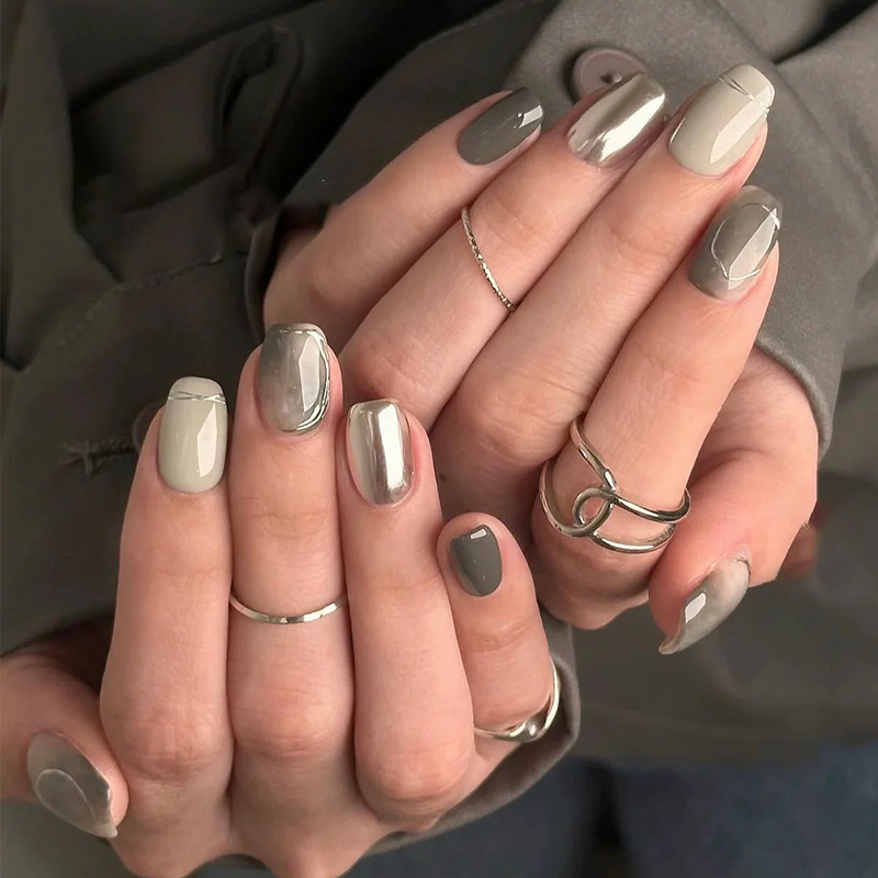 Gray-Toned Ink Wash Style Japanese-Style Gradient Mirror Ivory White and Gray Color-Blocking Minimalist Short-Length Nail Art That Enhances Complexion, Handmade Wearable Nails Gray-Toned Ink Wash Style Japanese-Style Gradient Mirror Ivory White and Gray Color-Blocking Minimalist Short-Length Nail Art That Enhances Complexion, Handmade Wearable Nails