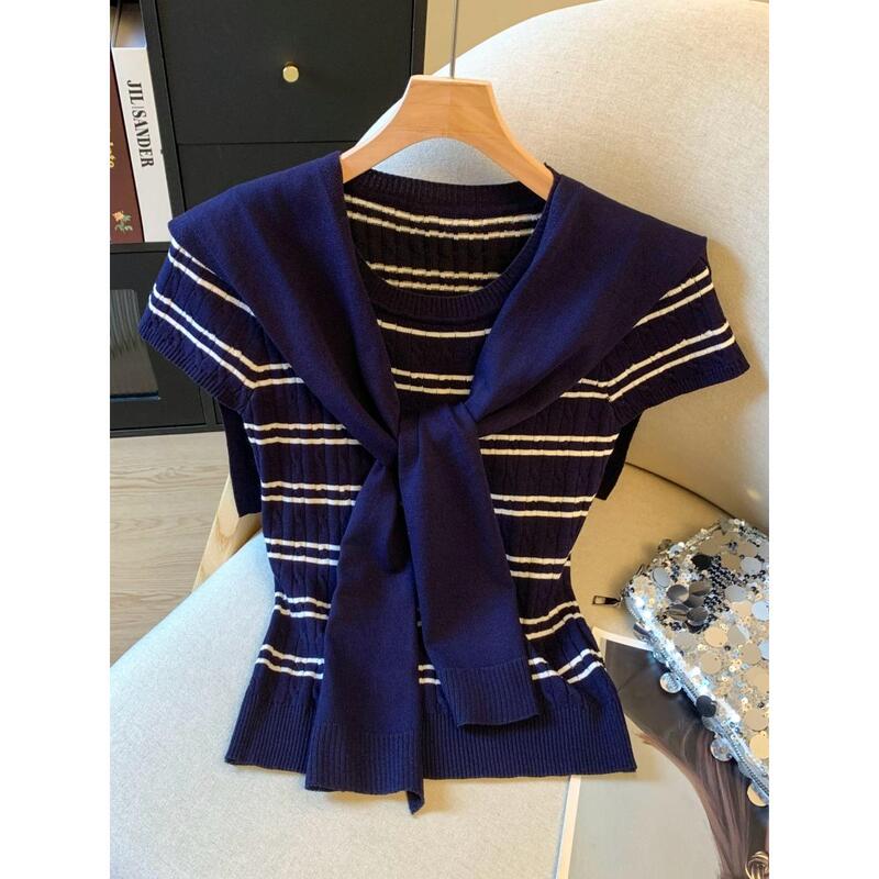 French-Style Navy Striped Knit Short-Sleeve T-Shirt for Women, Summer 2025 New Slim-Fit Dark Blue Shawl Round-Neck Top