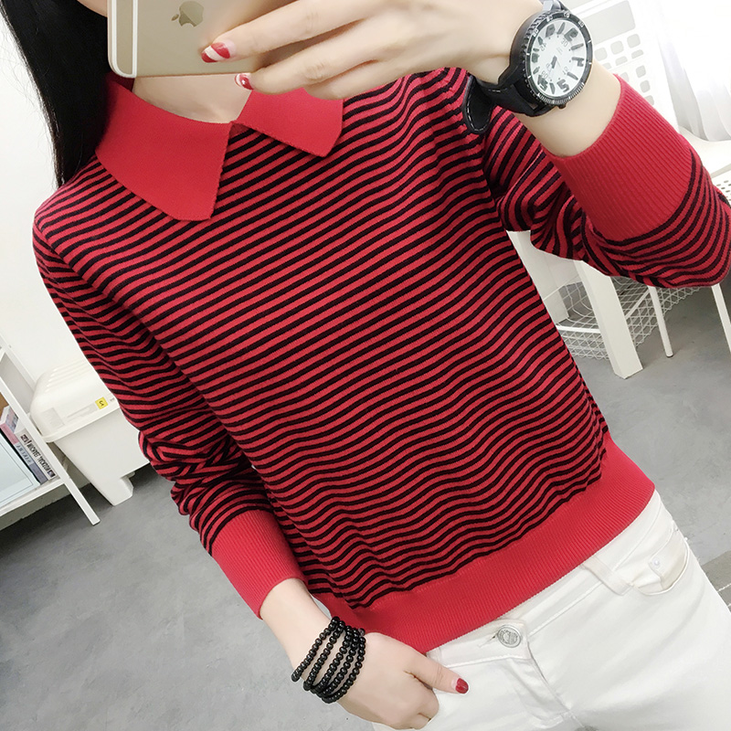 Sọc búp bê cổ áo top đáy mùa đông 2019 mới knitsweater ngắn ẩm điền của phụ nữ với cái đầu mỏng