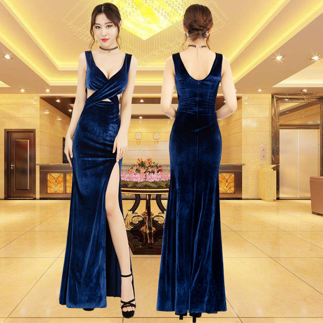 Gold velvet evening dress long noble temperament sexy dress 2020 new night show women's beauties sapphire blue