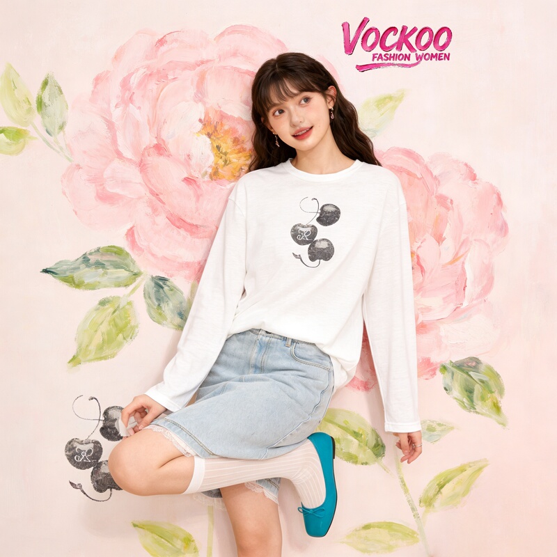 Zhao Lusi's Same Style 26 Summer Vockoo Casual Simple Cherry Print Long-Sleeved Top Women's T-Shirt Xsj1T08C8