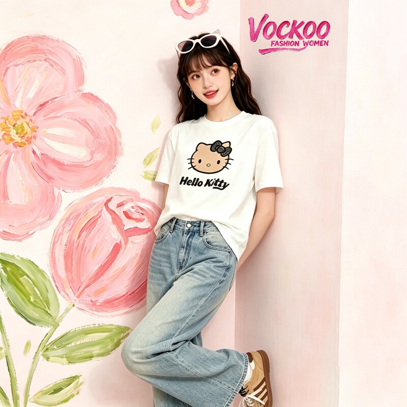 Same Style as in the Mall 26 Summer Vockoo Versatile Kitty Cat Holiday Vibe Loose T-Shirt Top for Women 31001038t