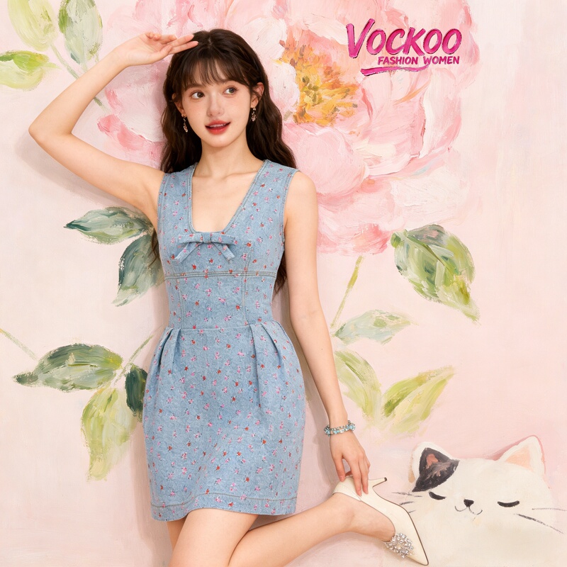 Zhao Lusi's Same Style 26 Summer Vockoo Simple Classical Retro Lucky Fruit Print Denim Skirt for Women Xsj1L05C8