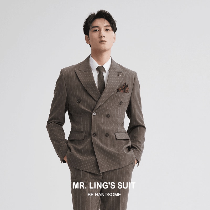 High-End Striped Suit Men's Suit Engagement British Slim Business Formal Wear Groom Suit Wedding Three-Piece Suit