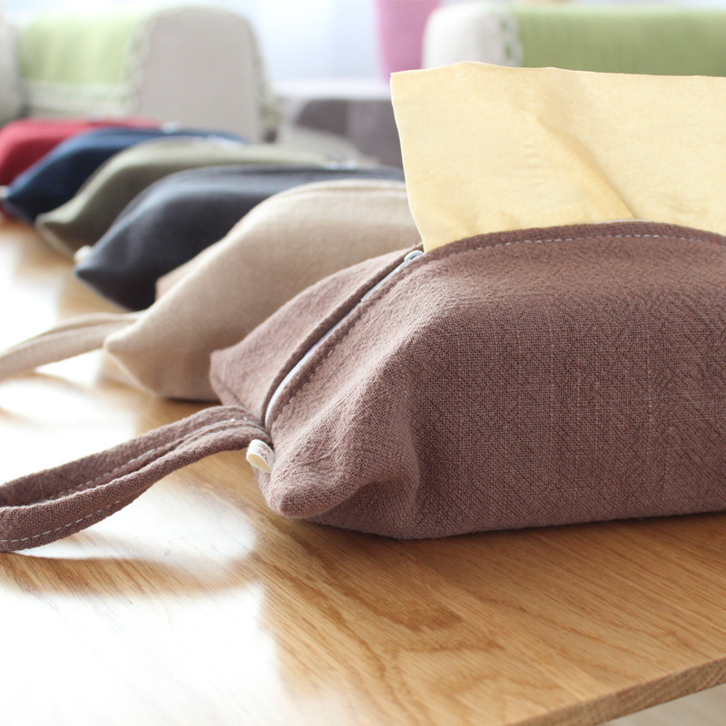 Japanese-style paper towel bag fabric solid color double layer cotton linen double zipper wipes draw paper bag family car dining table tissue box