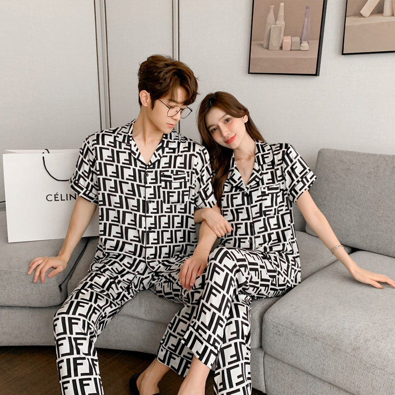 New pajamas summer couple pajamas ice silk short-sleeved trousers large size ladies casual home clothes men spring and summer