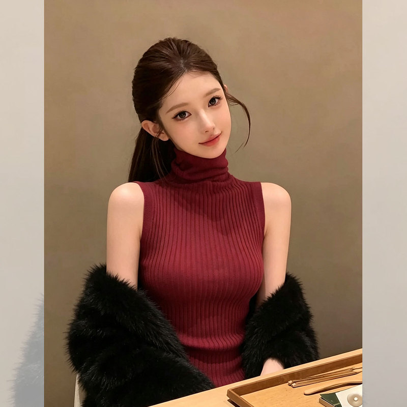 High-End Red Turtleneck Knit Sweater for Spring and Autumn, Sleeveless Vest, Base Layer Sweater, Slim Fit, Stacked Collar Top High-End Red Turtleneck Knit Sweater for Spring and Autumn, Sleeveless Vest, Base Layer Sweater, Slim Fit, Stacked Collar Top