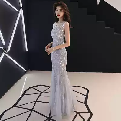 Evening dress female 2019 new banquet noble temperament gray host dress dress long version of the fish tail is thin