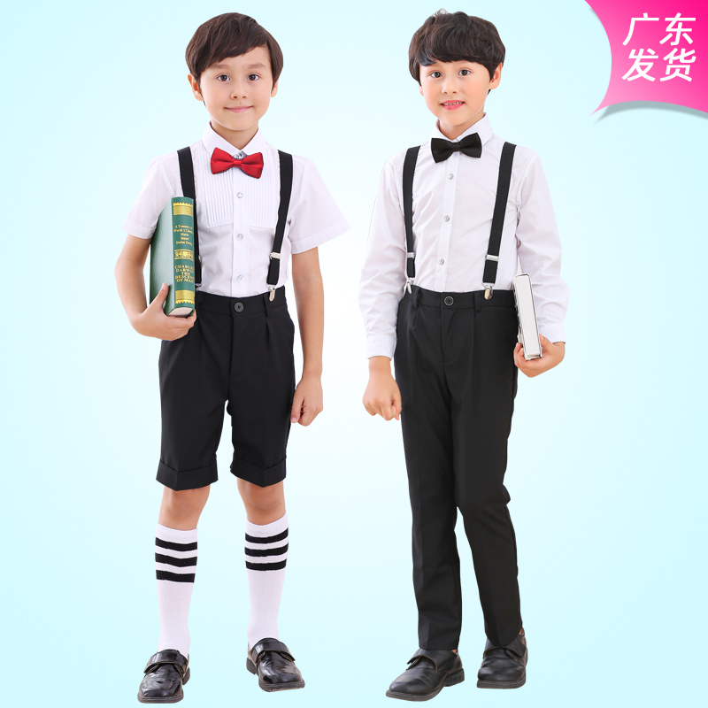 Children's Student Chorus Performance Dress, Boy's White Shirt Overalls, Boy's Kindergarten Graduation Photo Costume