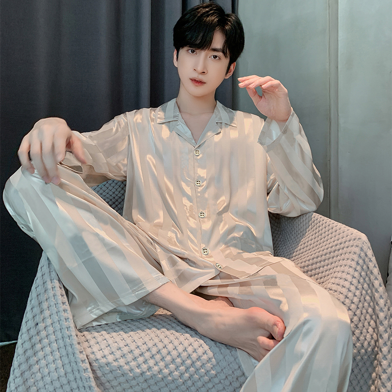 High-End 2026 New Silk Pajamas for Men, Summer Ice Silk Long-Sleeved Spring and Autumn Thin Home Wear Summer Set